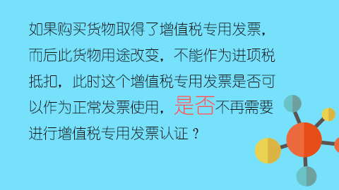 如果購買貨物取得了增值稅專用發票，而后此貨物用途改變，不能作為進項稅抵扣，此時這個增值稅專用發票是否可以作為正常發票使用，是否不再需要進行增值稅專用發票認證？ 